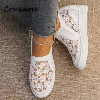 Женские туфли в стиле пэчворк с кружевными цветами, весенне-летние туфли на танкетке с высоким каблуком для женщин, модные белые дышащие кроссовки, мокасины 35 чёрный
