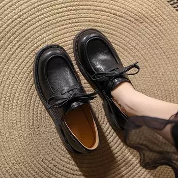 Женские туфли в стиле ретро из черной кожи с круглым носком и шнуровкой – мягкие, на среднем каблуке, в британском стиле для работы осенью/зимой 37 кофейный