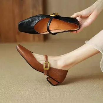 Женские туфли в стиле ретро с квадратным носком, осенние туфли Мэри Джейн, новые на пуговицах и пряжках, на низком каблуке, удобные туфли с закрытым носком, однотонные туфли 35 чёрный