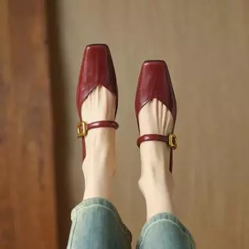 Женские туфли в стиле ретро с квадратным носком, осенние туфли Мэри Джейн, новые на пуговицах и пряжках, на низком каблуке, удобные туфли с закрытым носком, однотонные туфли 35 чёрный