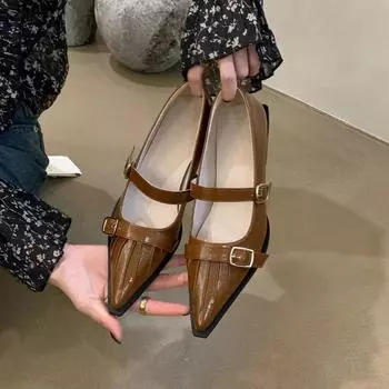 Женские туфли в стиле ретро с острым носком, высококачественные кожаные туфли, туфли Мэри Джейн, женские новые босоножки на толстом каблуке с неглубокой пряжкой 35