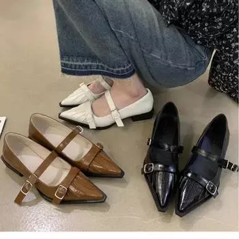 Женские туфли в стиле ретро с острым носком, высококачественные кожаные туфли, туфли Мэри Джейн, женские новые босоножки на толстом каблуке с неглубокой пряжкой 35 чёрный