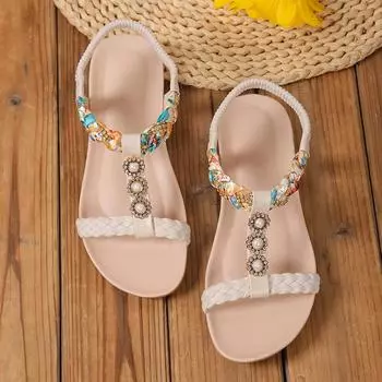 Женские туфли женские сандалии с эластичной резинкой большого размера повседневные сандалии женские с жемчужно-кристаллическим переплетением круглый носок плоские туфли женские 36 розы красного