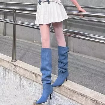 Женские туфли Женские сапоги до колена Элегантные современные сапоги Женские плиссированные заостренные носки Туфли на высоком тонком каблуке Женские 35 темно-синий