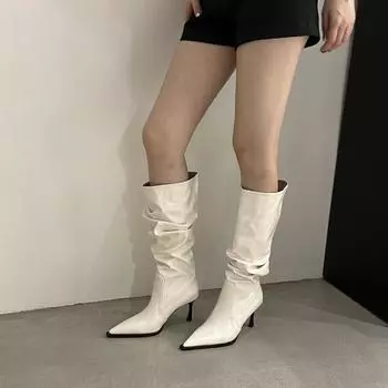 Женские туфли Женские сапоги до колена Элегантные современные сапоги Женские плиссированные заостренные носки Слипоны на тонком высоком каблуке Женские туфли 35 покинуть белый