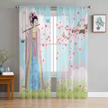 Женские тюлевые шторы Hanfu с флейтой и цветами, современные тюлевые шторы с принтом для спальни, декор балкона, окна, креативная модная домашняя прозрачная занавеска 135W x 114H(cm)