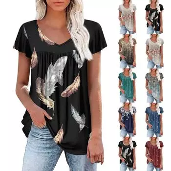 Женские туники, элегантные повседневные летние рубашки с коротким рукавом, цветочные свободные плиссированные топы в стиле бохо L армия зеленый