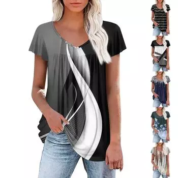 Женские туники, элегантные повседневные летние рубашки с коротким рукавом, цветочные свободные плиссированные топы в стиле бохо L чёрный