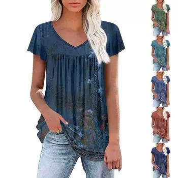 Женские туники, элегантные повседневные летние рубашки с коротким рукавом, цветочные свободные плиссированные топы в стиле бохо L армия зеленый