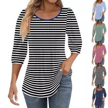 Женские туники с пышными рукавами 3/4, топы, плиссированные блузки с воротником, повседневные свободные весенне-летние футболки L чёрный