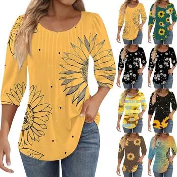 Женские туники с пышными рукавами 3/4, топы, плиссированные блузки с воротником, повседневные свободные весенне-летние футболки XXL