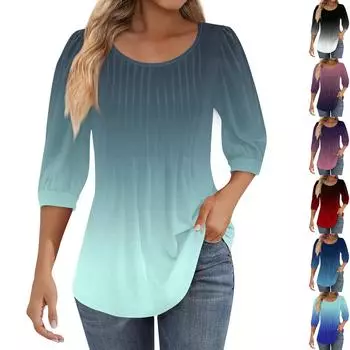 Женские туники с пышными рукавами 3/4, топы, плиссированные блузки с воротником, повседневные свободные весенне-летние футболки XXL синий