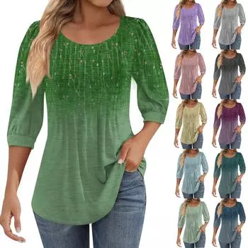 Женские туники с пышными рукавами 3/4, топы, плиссированные блузки с воротником, повседневные свободные весенне-летние футболки L синий