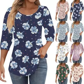 Женские туники с пышными рукавами 3/4, топы, плиссированные блузки с воротником, повседневные свободные весенне-летние футболки L