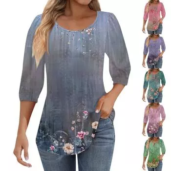 Женские туники с пышными рукавами 3/4, топы, плиссированные блузки с воротником, повседневные свободные весенне-летние футболки L