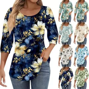 Женские туники с пышными рукавами 3/4, топы, плиссированные блузки с воротником, повседневные свободные весенне-летние футболки L бежевый