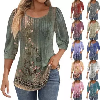 Женские туники с пышными рукавами 3/4, топы, плиссированные блузки с воротником, повседневные свободные весенне-летние футболки L синий