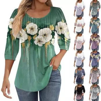 Женские туники с пышными рукавами 3/4, топы, плиссированные блузки с воротником, повседневные свободные весенне-летние футболки S розовый