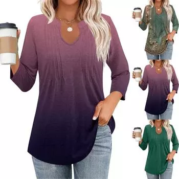 Женские туники с рукавами 3/4, рубашки с V-образным вырезом, деловые повседневные блузки, топы со складками спереди, свободный крой, нарядный наряд XXXL