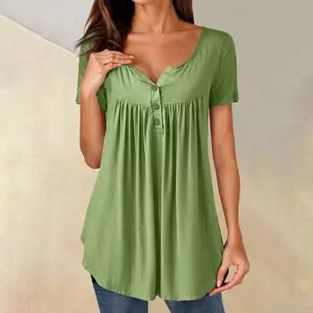 Женские туники, топы, нарядные, повседневные, летние, рубашки с коротким рукавом, свободный крой, плиссированный топ в стиле бохо L армия зеленый