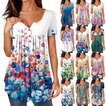 Женские туники, топы, нарядные, повседневные, летние, рубашки с коротким рукавом, свободный крой, плиссированный топ в стиле бохо L армия зеленый