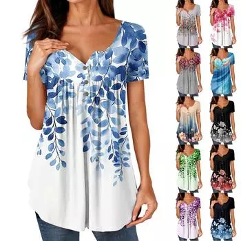Женские туники, топы, нарядные, повседневные, летние, рубашки с коротким рукавом, свободный крой, плиссированный топ в стиле бохо XXXL синий