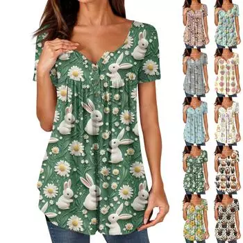 Женские туники, топы, нарядные, повседневные, летние, с принтом, рубашки с коротким рукавом, свободный крой, плиссированный топ в стиле бохо L коричневый