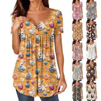 Женские туники, топы, нарядные, повседневные, летние, с принтом, рубашки с коротким рукавом, свободный крой, плиссированный топ в стиле бохо L чёрный