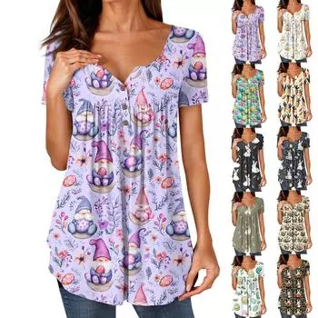 Женские туники, топы, нарядные, повседневные, летние, с принтом, рубашки с коротким рукавом, свободный крой, плиссированный топ в стиле бохо L армия зеленый