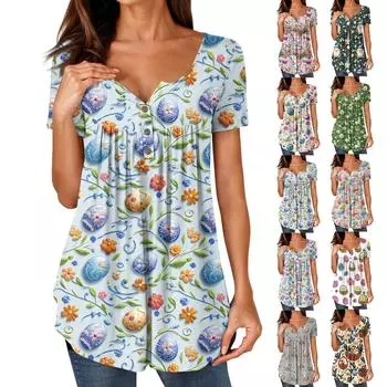 Женские туники, топы, нарядные, повседневные, летние, с принтом, рубашки с коротким рукавом, свободный крой, плиссированный топ в стиле бохо M