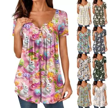 Женские туники, топы, нарядные, повседневные, летние, с принтом, рубашки с коротким рукавом, свободный крой, плиссированный топ в стиле бохо L синий