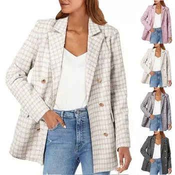 Женские твидовые пиджаки, повседневные, с длинным рукавом, двубортные, с открытым передом, клетчатые пиджаки L бежевый