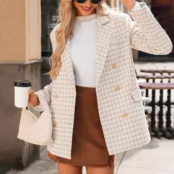 Женские твидовые пиджаки, повседневные, с длинным рукавом, двубортные, с открытым передом, клетчатые пиджаки L бежевый
