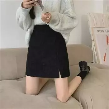 Женские юбки А-силуэта с высокой талией и разрезом из вельвета - 2022 Осень/Зима Ретро Анти-экспонирование Узкие юбки абрикосовый