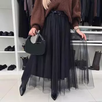 Женские юбки из тюля, юбка миди с высокой талией, черное сетчатое струящееся вечернее платье, длинная пачка S кофейный