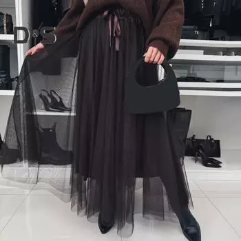 Женские юбки из тюля, юбка миди с высокой талией, черное сетчатое струящееся вечернее платье, длинная юбка-пачка для свадебной вечеринки, коктейля, выпускного вечера S чёрный