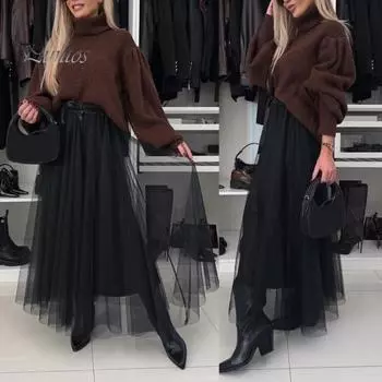 Женские юбки из тюля, юбка миди с высокой талией, черное сетчатое струящееся вечернее платье, длинная юбка-пачка для свадебной вечеринки, коктейля, выпускного вечера S кофейный
