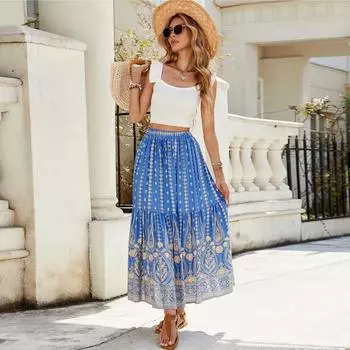 Женские юбки макси с цветочным принтом, летние платья-трубы, длинная плиссированная пляжная юбка А-силуэта L синий