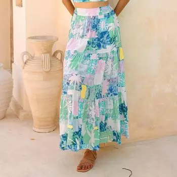 Женские юбки макси с цветочным принтом, летние платья-трубы, длинная плиссированная пляжная юбка А-силуэта L синий