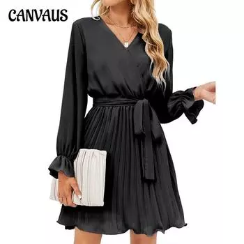 Женские юбки Платья с v-образным вырезом Повседневные плиссированные мини-платья с длинными рукавами