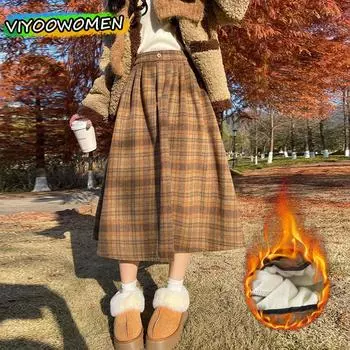 Женские юбки Plus Velvet средней длины, толстые, трапециевидные, клетчатые, с эластичной талией, зимнее платье, корейская модная одежда, уличная одежда S зелёный