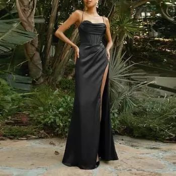 Женские юбки размера плюс, с запахом на груди, с открытой спиной, на шнуровке, с разрезом по бокам, платье макси, женское атласное корсетное платье на бретельках L абрикосовый