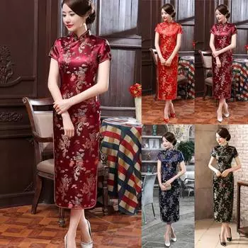 Женские юбки размера плюс, женское платье миди с коротким рукавом и принтом дракона и феникса, китайский Cheongsam, банкетное платье миди XL красный