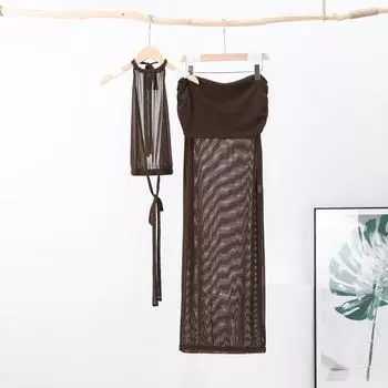 Женские юбки, сексуальный прозрачный топ без рукавов с открытой спиной и бретельками через шею, комплект из плиссированной юбки, женские наряды S кофейный