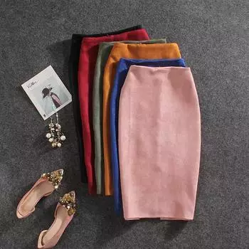 Женские юбки, замшевая толстая эластичная юбка с разрезом, женские юбки-карандаш, юбка больших размеров L абрикосовый