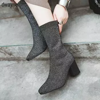 Женские удобные ботильоны на низком каблуке с молнией сзади, модные блестящие зимние туфли разных цветов, черные, золотые, серебряные, dfv56 34 чёрный