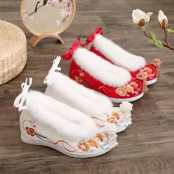 Женские удобные ботильоны с флисовой подкладкой, зимние тапочки для дома и улицы, вышитые нескользящие теплые туфли из искусственного меха с ремешком на щиколотке для женщин 35