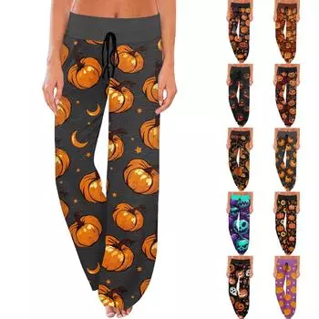 Женские удобные брюки-слип с принтом на Хэллоуин, широкие брюки на шнурке, повседневные брюки L верблюд