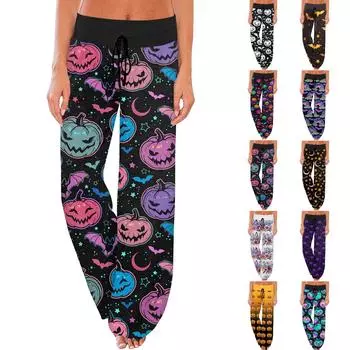 Женские удобные брюки-слип с принтом на Хэллоуин, широкие брюки на шнурке, повседневные брюки L чёрный