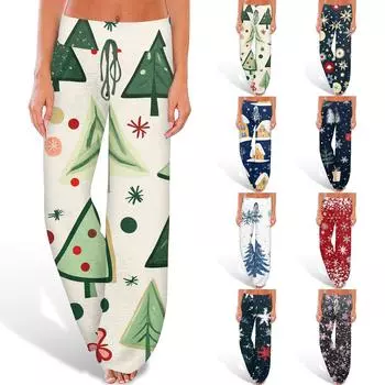 Женские удобные брюки-слип с рождественским принтом, широкие брюки на шнурке, повседневные брюки S бежевый